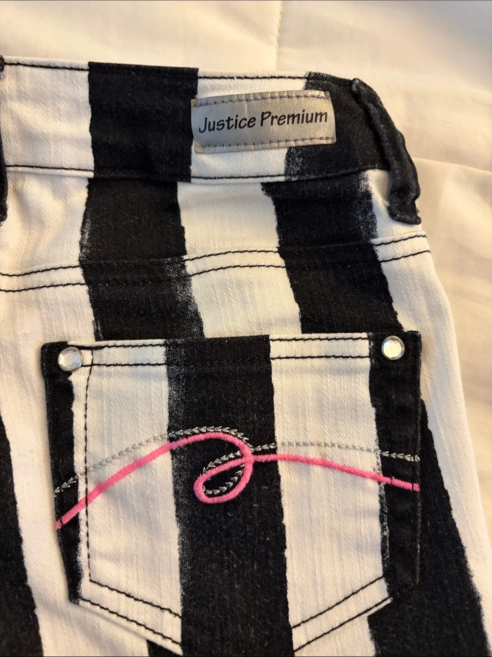 Justice Premium Black & White Striped Jeans with Pink Script Logo Size 12S
